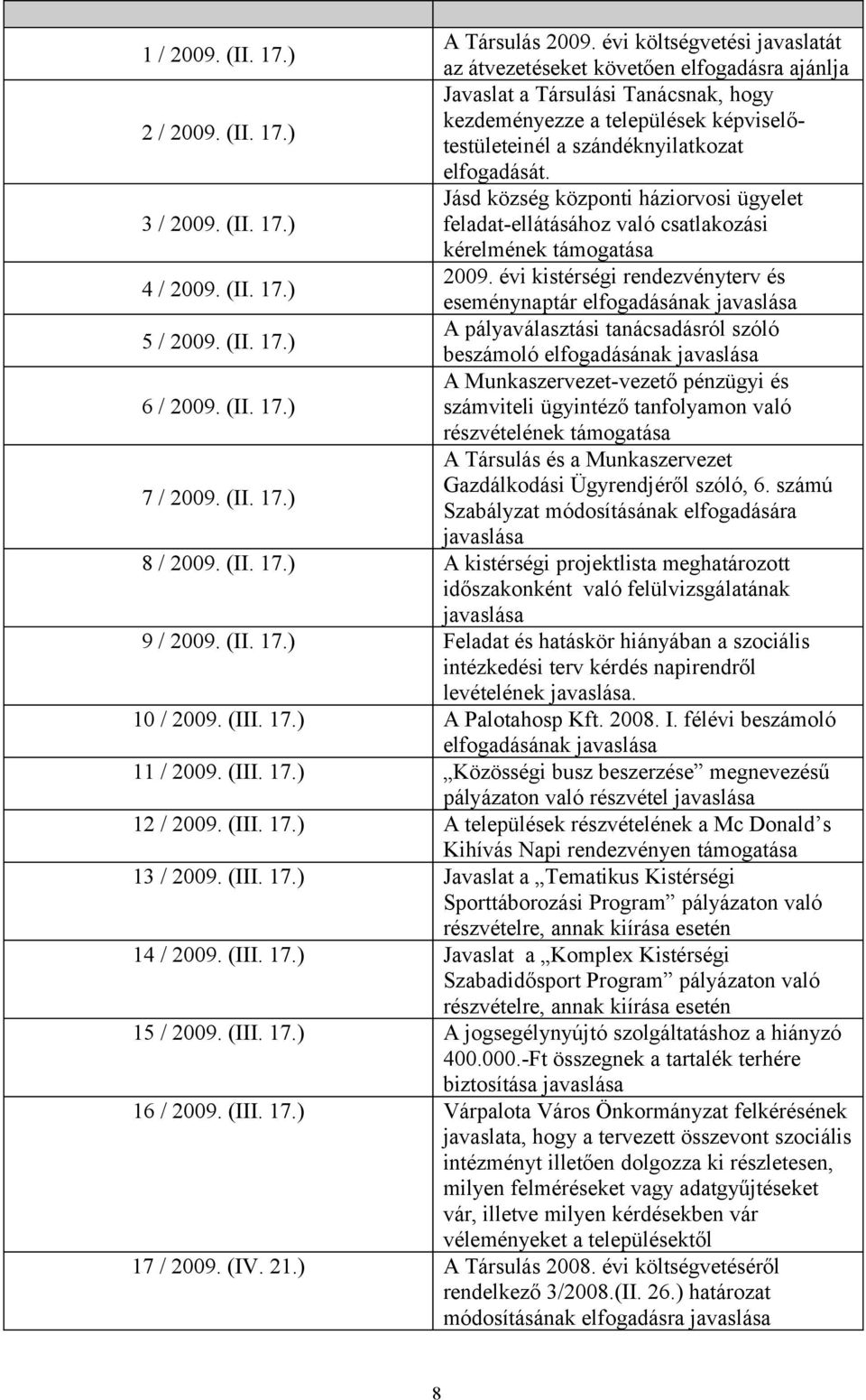 Jásd község központi háziorvosi ügyelet 3 / 2009. (II. 17.) feladat-ellátásához való csatlakozási kérelmének támogatása 2009. évi kistérségi rendezvényterv és 4 / 2009. (II. 17.) eseménynaptár elfogadásának javaslása A pályaválasztási tanácsadásról szóló 5 / 2009.