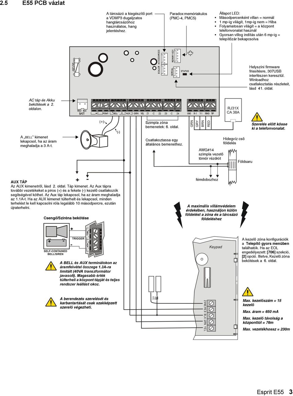 6 mp-ig = telepítőzár bekapcsolva Helyszíni firmware frissítésre, 307USB interfészen keresztül. Winloadhoz csatlakoztatás részleteit, lásd 41. oldal. AC táp és Akku bekötések a 2. oldalon.