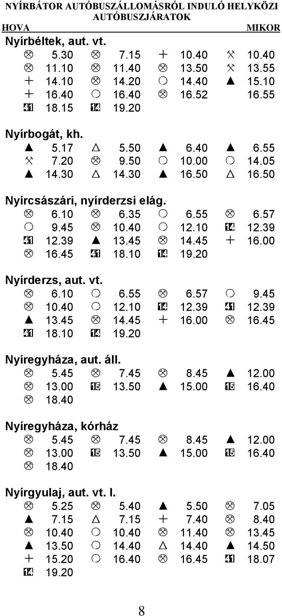 40 O 12.10 14 12.39 41 12.39 I 13.45 M 14.45 + 16.00 M 16.45 41 18.10 14 19.20 Nyírderzs, aut. vt. M 6.10 O 6.55 M 6.57 O 9.45 M 10.40 O 12.10 14 12.39 41 12.39 I 13.45 M 14.45 + 16.00 M 16.45 41 18.10 14 19.20 Nyíregyháza, aut.