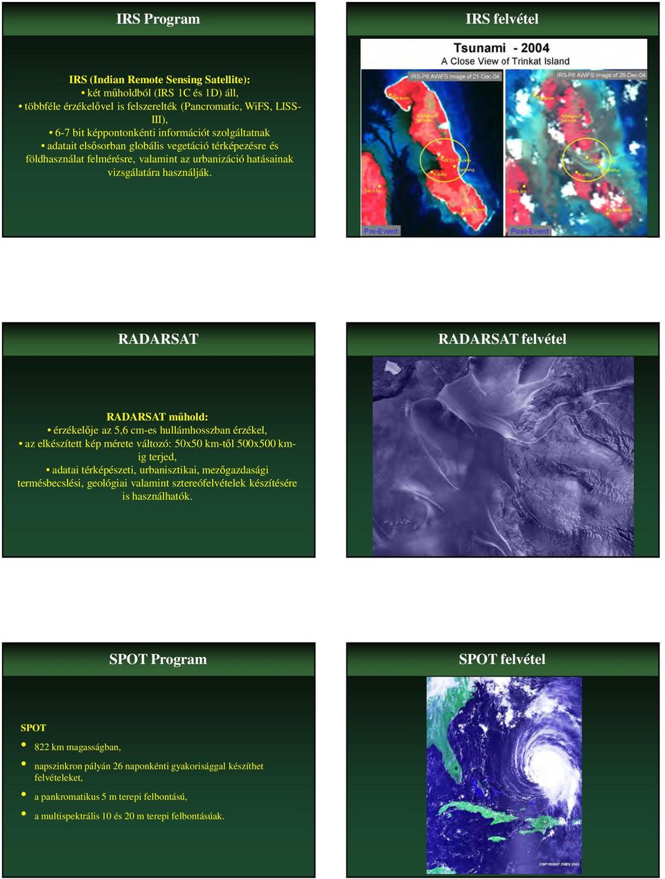 RADARSAT RADARSAT felvétel RADARSAT műhold: érzékelője az 5,6 cm-es hullámhosszban érzékel, az elkészített kép mérete változó: 50x50 km-től 500x500 kmig terjed, adatai térképészeti, urbanisztikai,