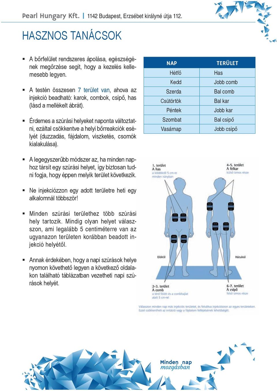 Érdemes a szúrási helyeket naponta változtatni, ezáltal csökkentve a helyi bőrreakciók esélyét (duzzadás, fájdalom, viszketés, csomók kialakulása).