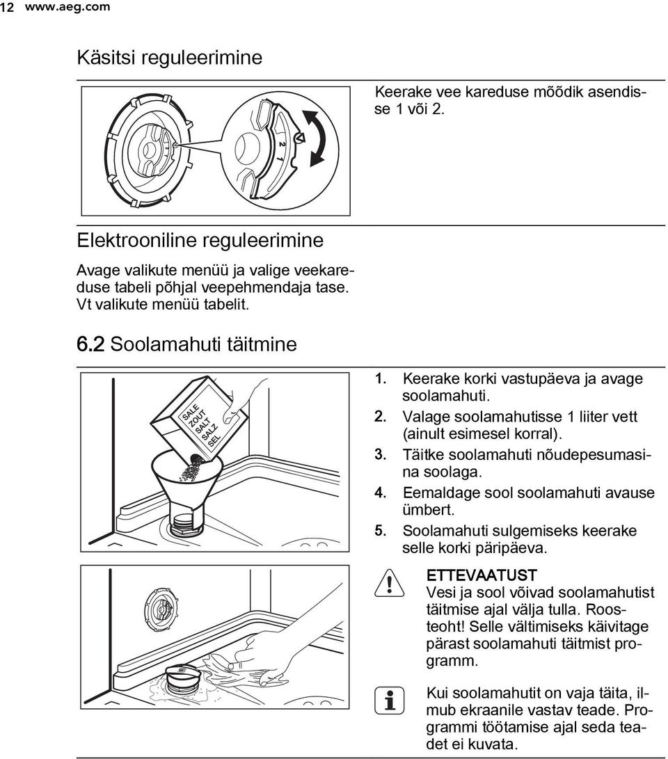 Täitke soolamahuti nõudepesumasina soolaga. 4. Eemaldage sool soolamahuti avause ümbert. 5. Soolamahuti sulgemiseks keerake selle korki päripäeva.