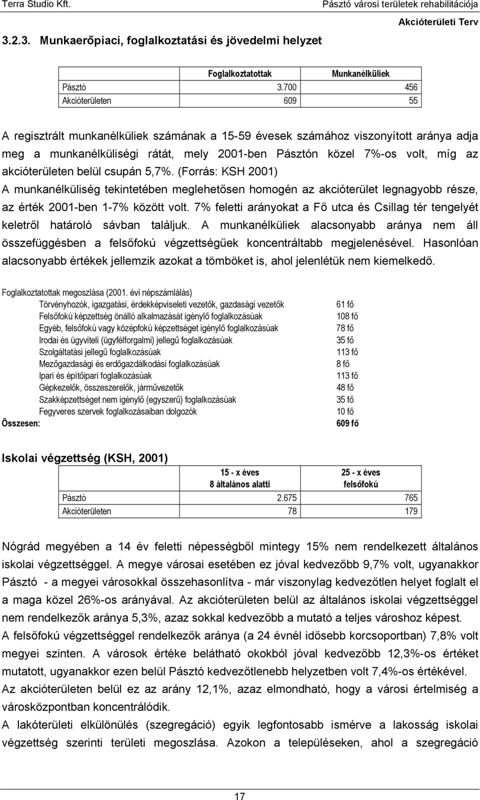 akcióterületen belül csupán 5,7%. (Forrás: KSH 2001) A munkanélküliség tekintetében meglehetősen homogén az akcióterület legnagyobb része, az érték 2001-ben 1-7% között volt.