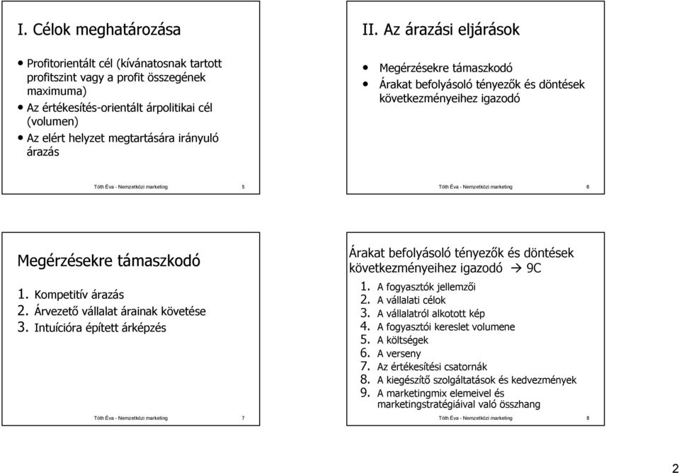 Az árazási eljárások Megérzésekre támaszkodó Árakat befolyásoló tényezők és döntések következményeihez igazodó Tóth Éva - Nemzetközi marketing 5 Tóth Éva - Nemzetközi marketing 6 Megérzésekre