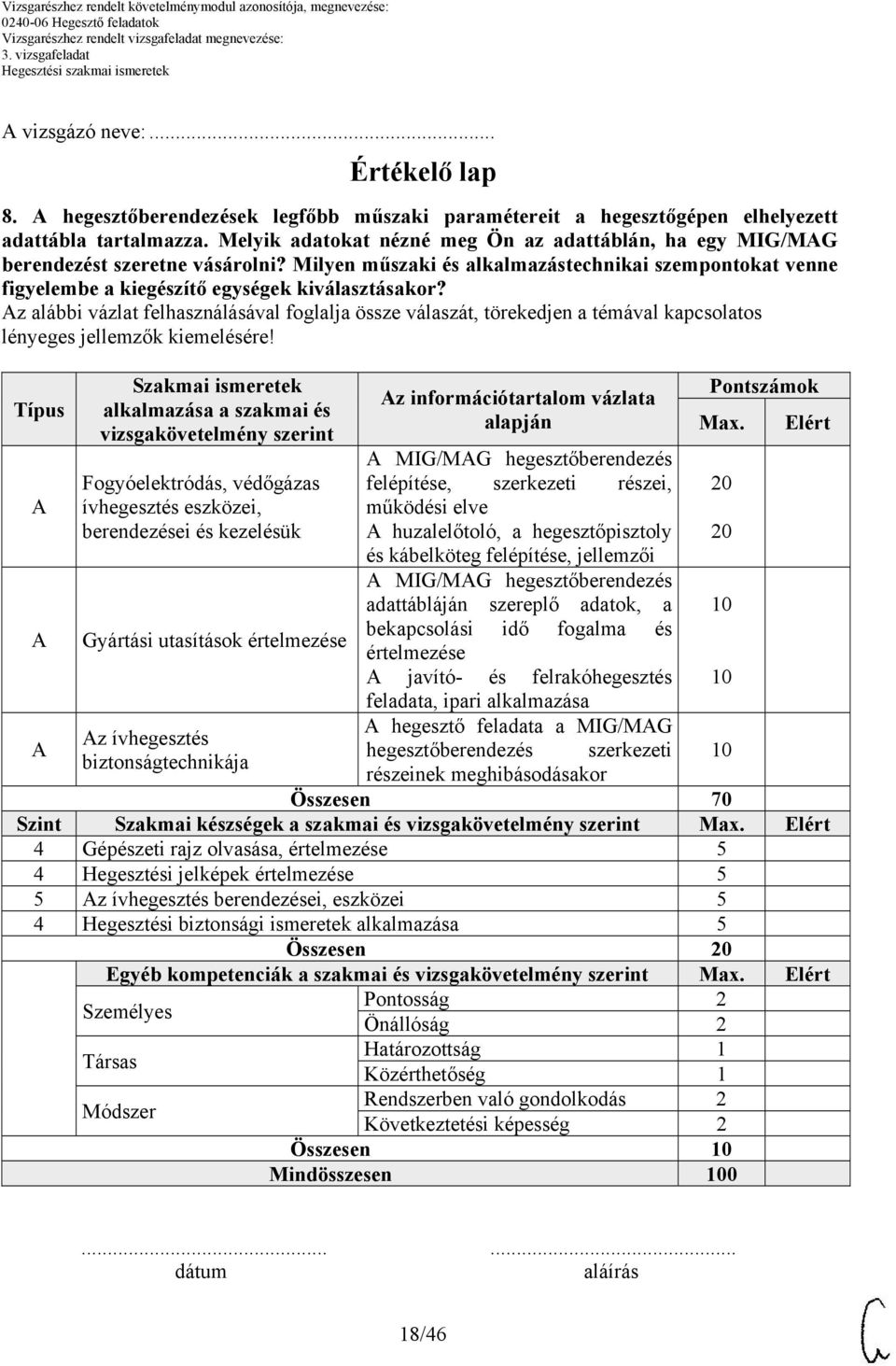 z alábbi vázlat felhasználásával foglalja össze válaszát, törekedjen a témával kapcsolatos Típus Szakmai ismeretek alkalmazása a szakmai és vizsgakövetelmény szerint Fogyóelektródás, védőgázas