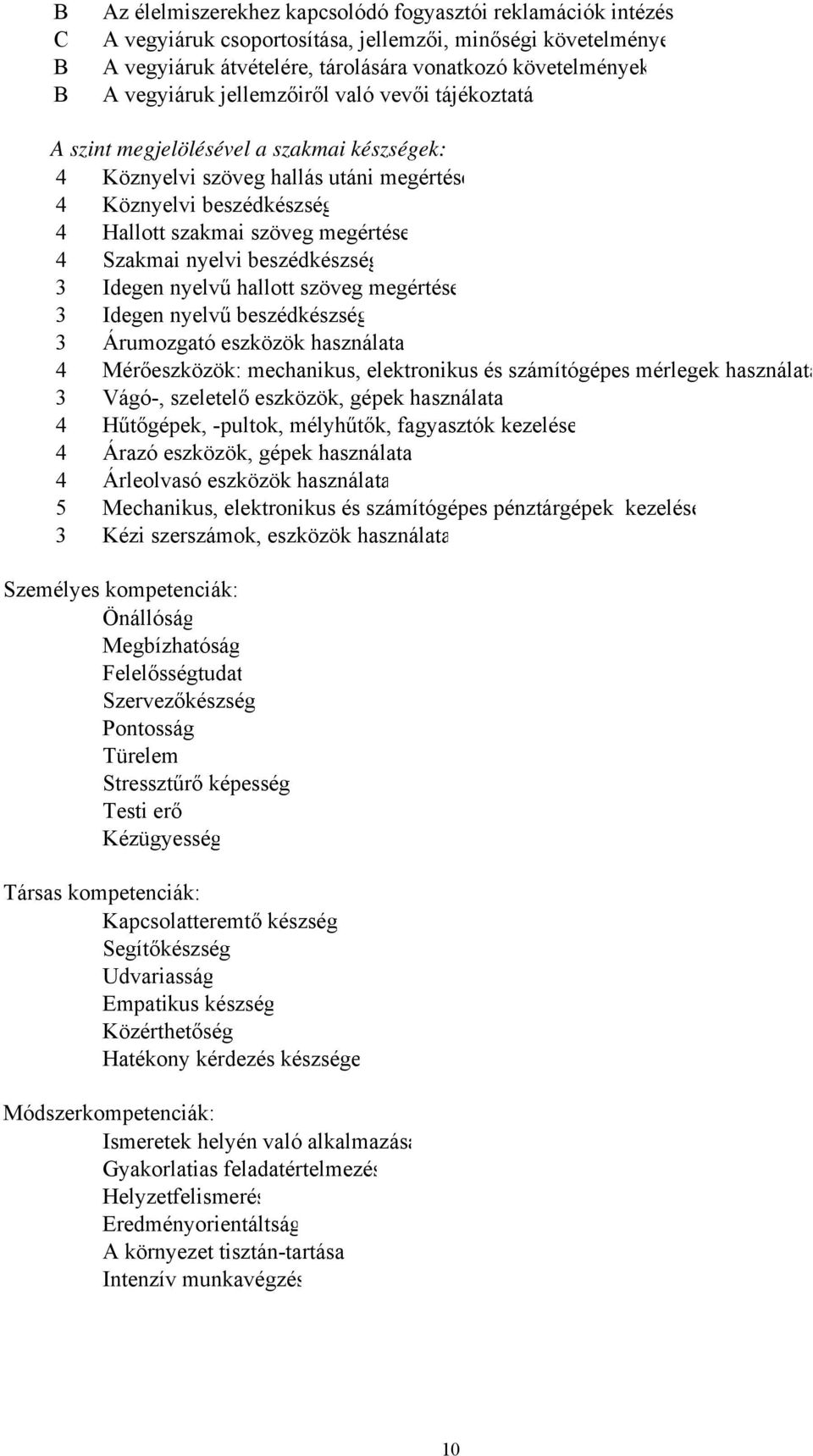 Szakmai nyelvi beszédkészség 3 Idegen nyelvű hallott szöveg megértése 3 Idegen nyelvű beszédkészség 3 Árumozgató eszközök használata 4 Mérőeszközök: mechanikus, elektronikus és számítógépes mérlegek
