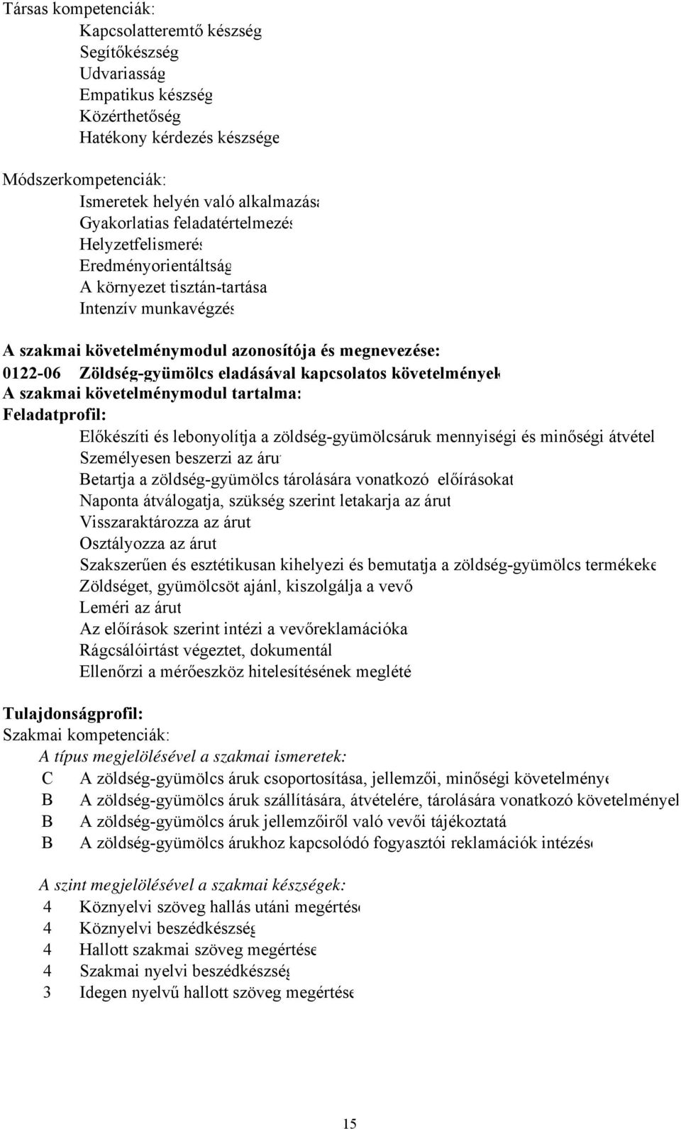 kapcsolatos követelmények A szakmai követelménymodul tartalma: Feladatprofil: Előkészíti és lebonyolítja a zöldség-gyümölcsáruk mennyiségi és minőségi átvételé Személyesen beszerzi az árut Betartja a
