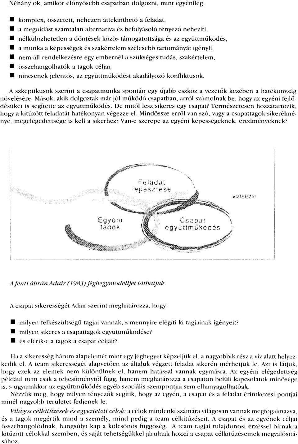 szakértelem, összehangolhatok a tagok céljai, nincsenek jelentős, az együttműködést akadályozó konfliktusok.