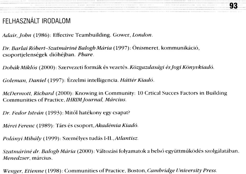 McDermott, Richárd (2000): Knowing in Community: 10 Crtical Succes Eactors in Building Communities of Practice, IHRIMJournal, Március. Dr. Fedor István (1993): Mitől hatékony egy csapat?