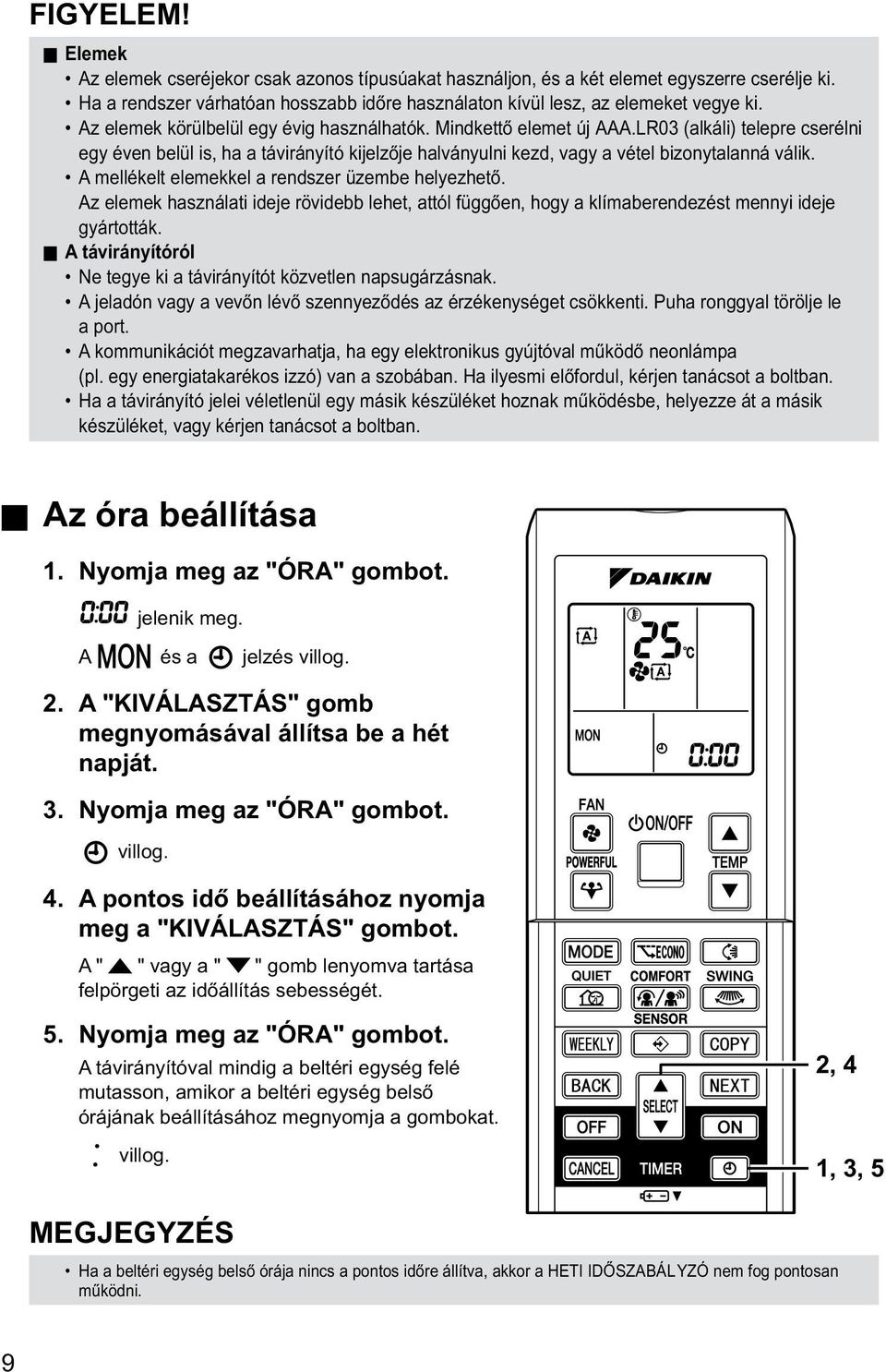 A mellékelt elemekkel a rendszer üzembe helyezhető. Az elemek használati ideje rövidebb lehet, attól függően, hogy a klímaberendezést mennyi ideje gyártották.