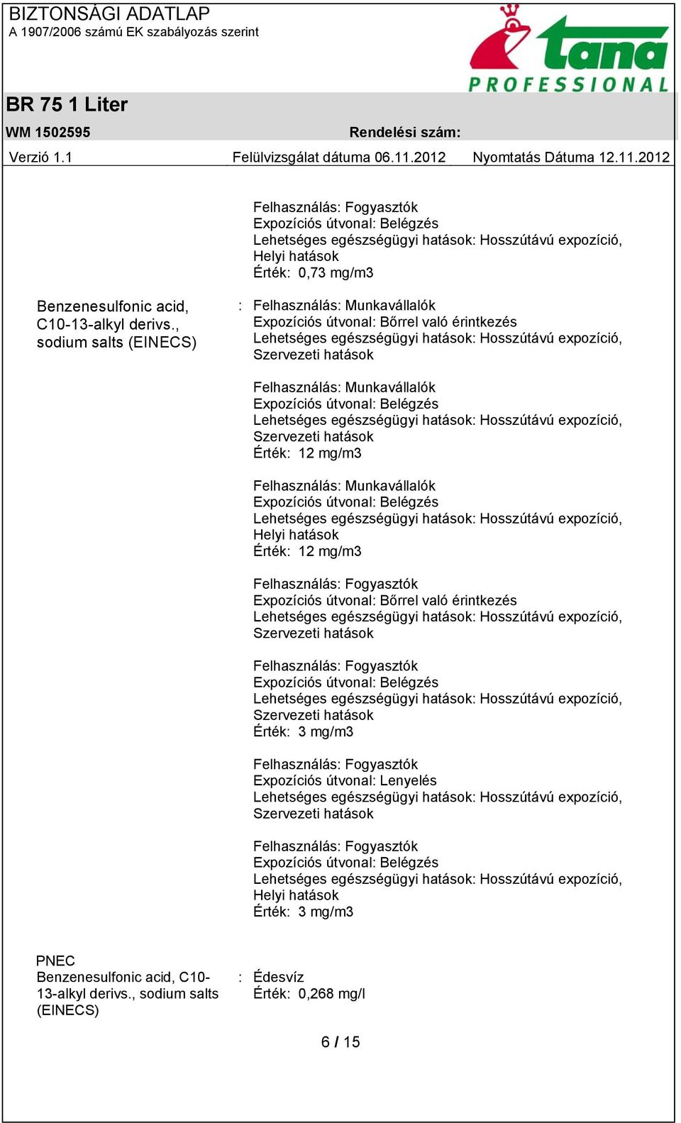 12 mg/m3 Felhasználás: Munkavállalók Expozíciós útvonal: Belégzés Helyi hatások Érték: 12 mg/m3 Felhasználás: Fogyasztók Expozíciós útvonal: Bőrrel való érintkezés Szervezeti hatások Felhasználás: