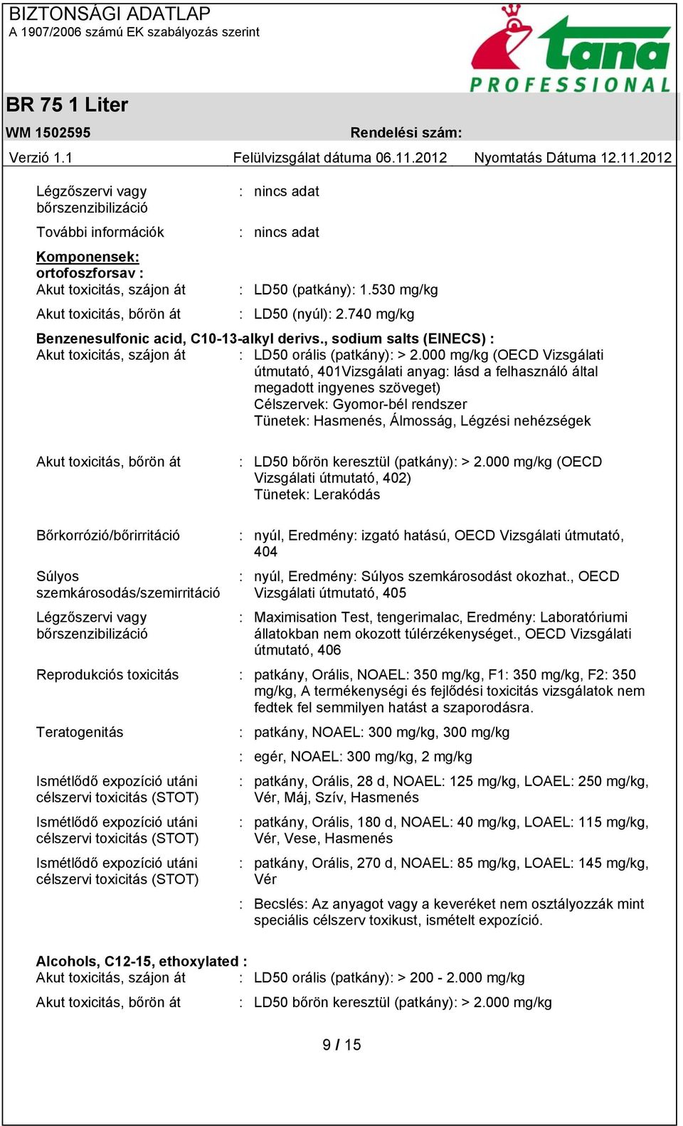 000 mg/kg (OECD Vizsgálati útmutató, 401Vizsgálati anyag: lásd a felhasználó által megadott ingyenes szöveget) Célszervek: Gyomor-bél rendszer Tünetek: Hasmenés, Álmosság, Légzési nehézségek Akut