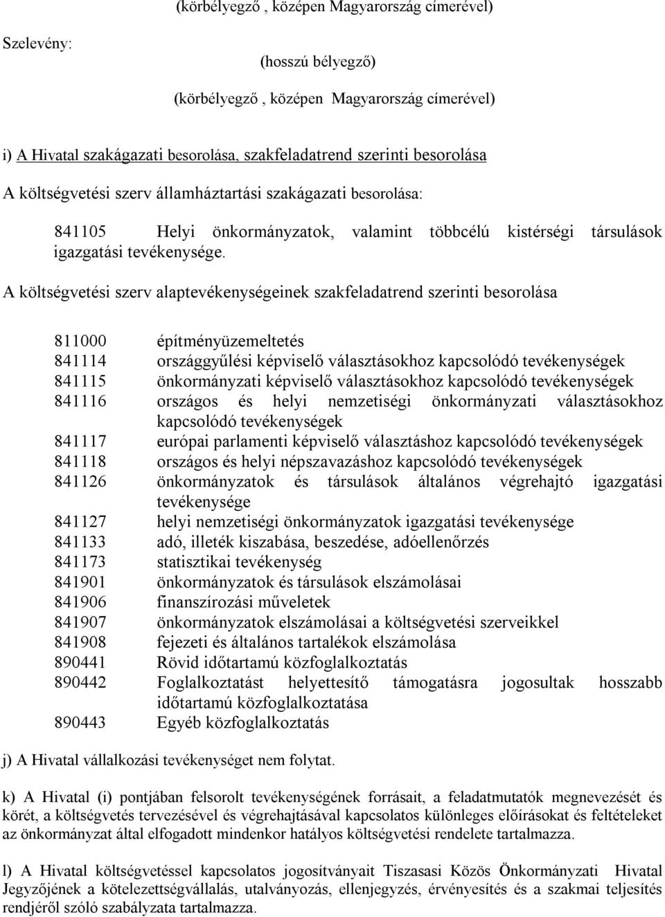 A költségvetési szerv alaptevékenységeinek szakfeladatrend szerinti besorolása 811000 építményüzemeltetés 841114 országgyűlési képviselő választásokhoz kapcsolódó tevékenységek 841115 önkormányzati