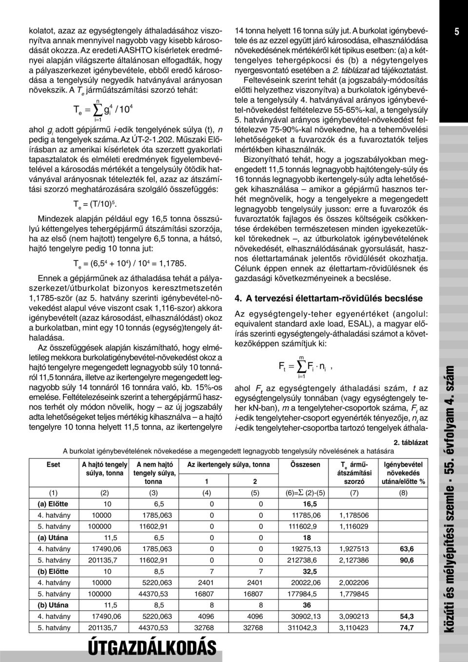 A T e jármûátszámítási szorzó tehát: n 4 Te = gi / 10 i= 1 ahol g i adott gépjármû i-edik tengelyének súlya (t), n pedig a tengelyek száma. Az ÚT-2-1.202.