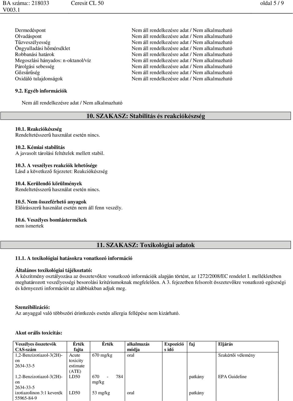 A veszélyes reakciók lehetősége Lásd a következő fejezetet: Reakciókészség 10.4. Kerülendő körülmények Rendeltetésszerű használat esetén nincs. 10.5.