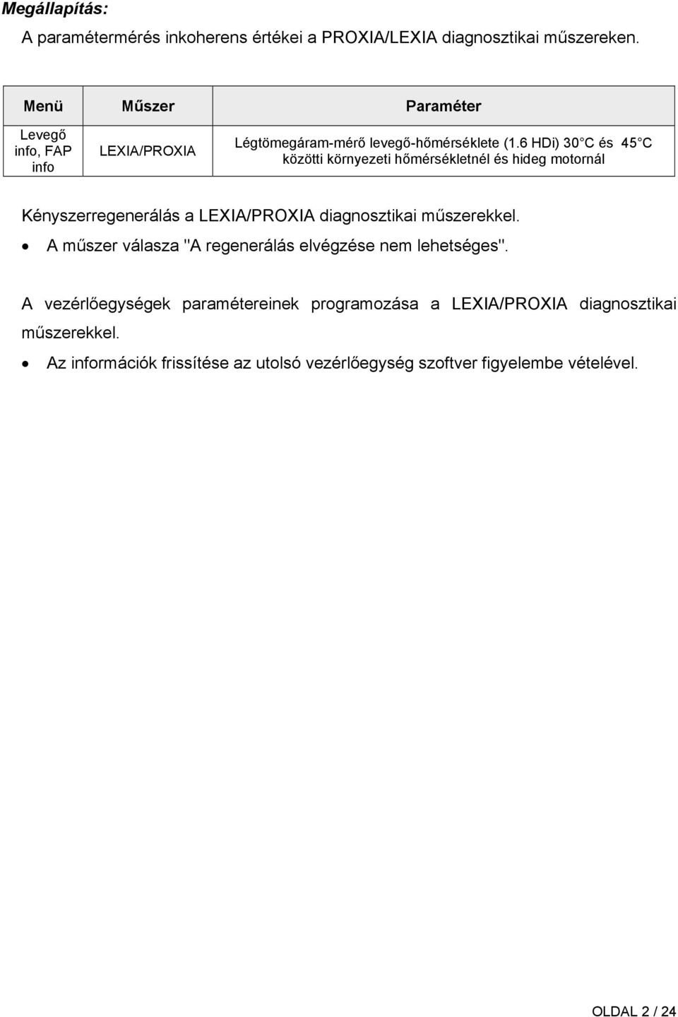 6 HDi) 30 C és 45 C közötti környezeti hőmérsékletnél és hideg motornál Kényszerregenerálás a LEXIA/PROXIA diagnosztikai műszerekkel.