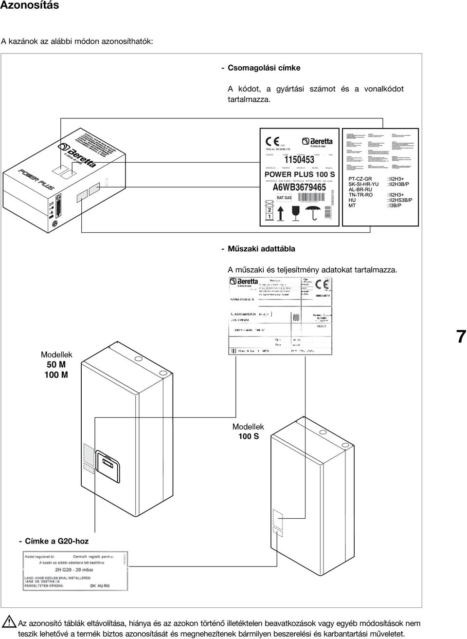 Modellek 50 M 100 M 100 M DEP 7 Modellek Modelli 100 S 100 S DEP - Cíke a G20-hoz b Az azonosító táblák eltávolítása, hiánya és az