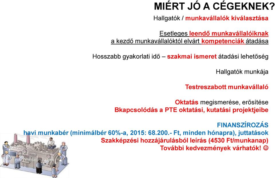 Hosszabb gyakorlati idő szakmai ismeret átadási lehetőség Hallgatók munkája Testreszabott munkavállaló Oktatás megismerése,