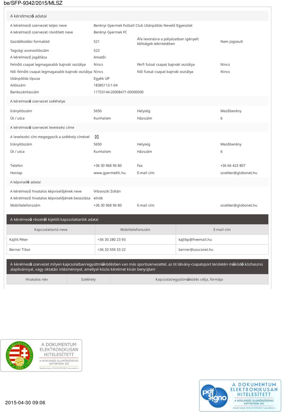 bajnoki osztálya Nincs Női felnőtt csapat legmagasabb bajnoki osztálya Nincs Női futsal csapat bajnoki osztálya Nincs Utánpótlás típusa Egyéb UP Adószám 18385113-1-04 Bankszámlaszám