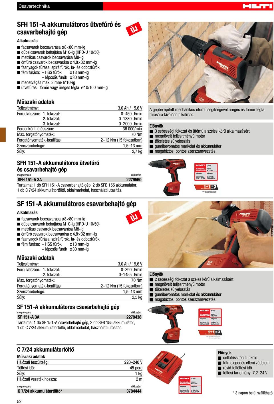 3 mm/ M10-ig ütvefúrás: tömör vagy üreges tégla ø10/100 mm-ig ÚJ / 15,6 V 0 450 U/min 2. fokozat: 0 1380 U/min 3.