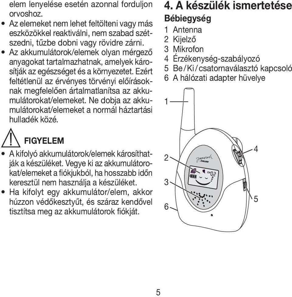 Ezért feltétlenül az érvényes törvényi előírásoknak megfelelően ártalmatlanítsa az akkumulátorokat/elemeket. Ne dobja az akkumulátorokat/elemeket a normál háztartási hulladék közé. 4.