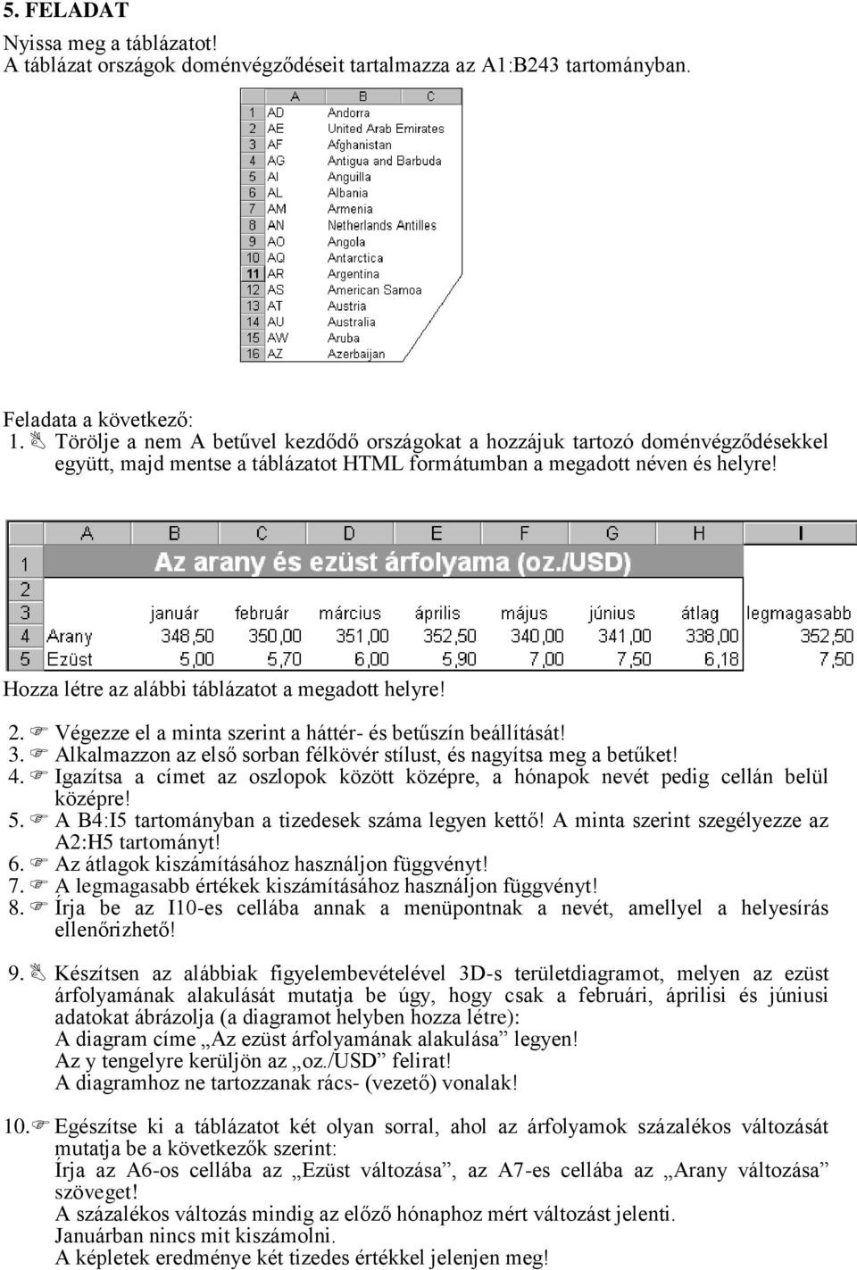 Hozza létre az alábbi táblázatot a megadott helyre! 2. Végezze el a minta szerint a háttér- és betűszín beállítását! 3. Alkalmazzon az első sorban félkövér stílust, és nagyítsa meg a betűket! 4.