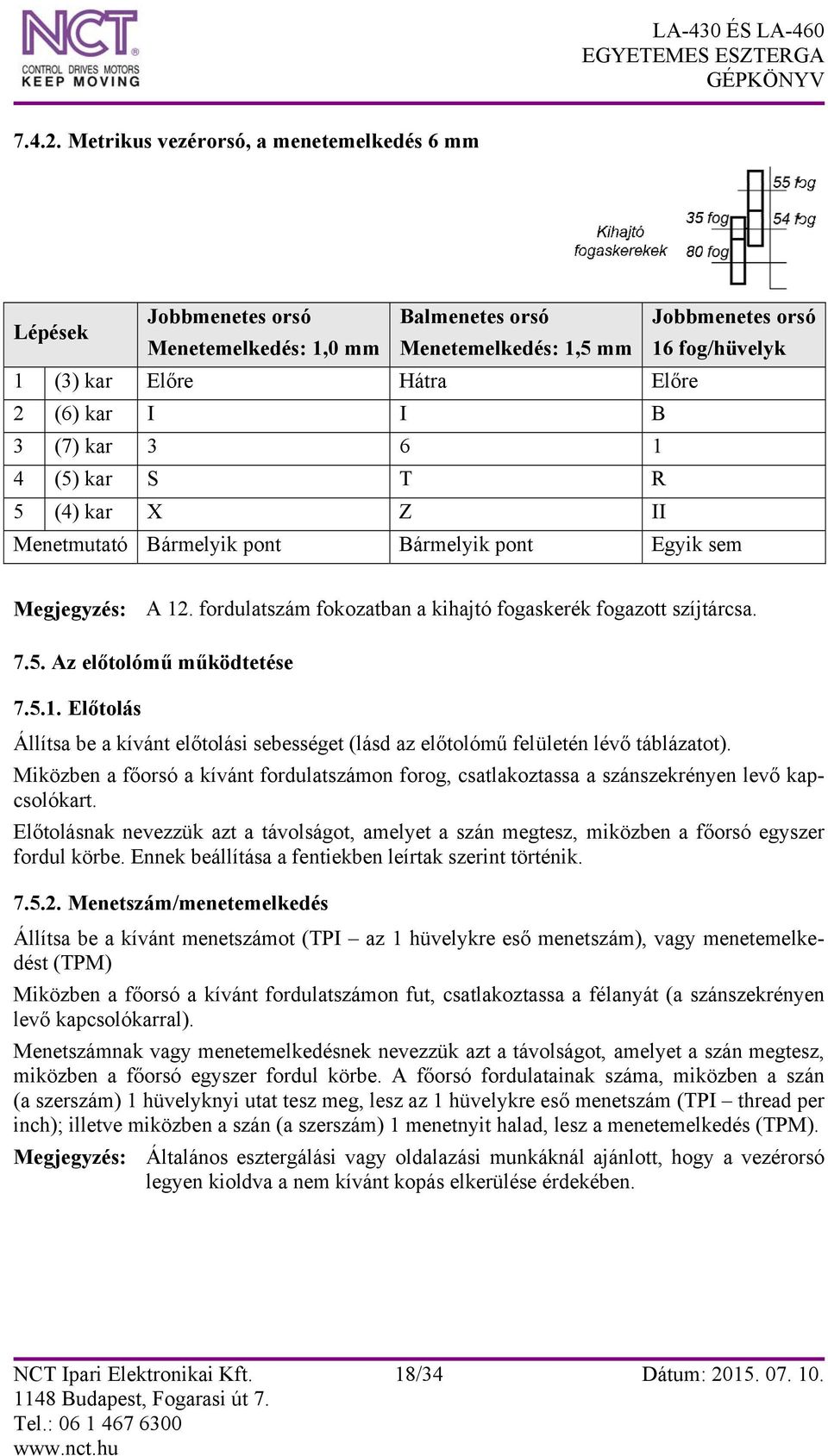 I I B 3 (7) kar 3 6 1 4 (5) kar S T R 5 (4) kar X Z II Menetmutató Bármelyik pont Bármelyik pont Egyik sem Megjegyzés: A 12. fordulatszám fokozatban a kihajtó fogaskerék fogazott szíjtárcsa. 7.5. Az előtolómű működtetése 7.