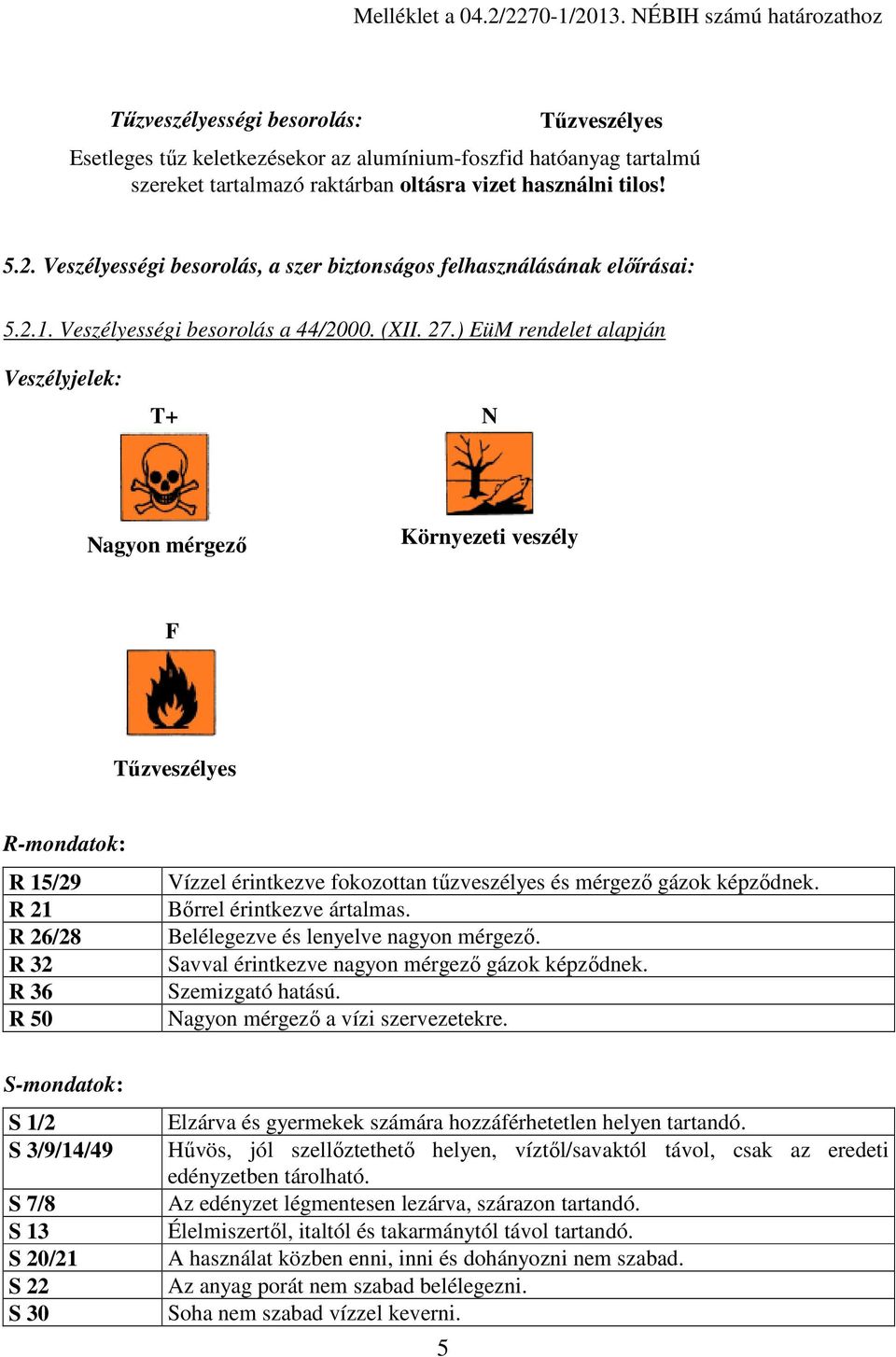 Veszélyességi besorolás, a szer biztonságos felhasználásának előírásai: 5.2.1. Veszélyességi besorolás a 44/2000. (XII. 27.