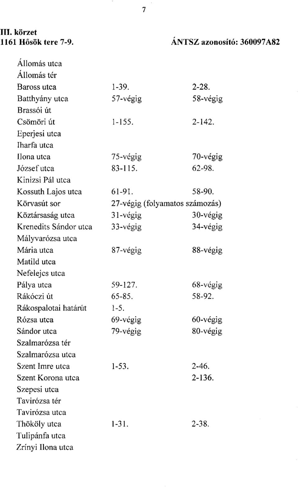 Körvasút sor 27-végig (folyamatos számozás) Köztársaság utca 31-végig 30-végig Krenedits Sándor utca 33-végig 34-végig Mályvarózsa utca Mária utca 87-végig 88-végig Matild utca Nefelejcs utca Pálya