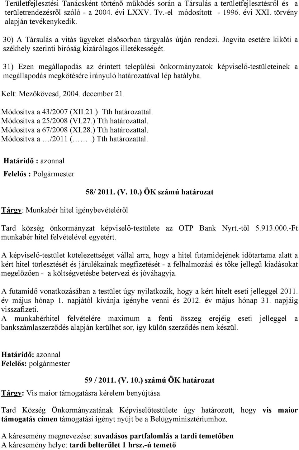 31) Ezen megállapodás az érintett települési önkormányzatok képviselő-testületeinek a megállapodás megkötésére irányuló határozatával lép hatályba. Kelt: Mezőkövesd, 2004. december 21.