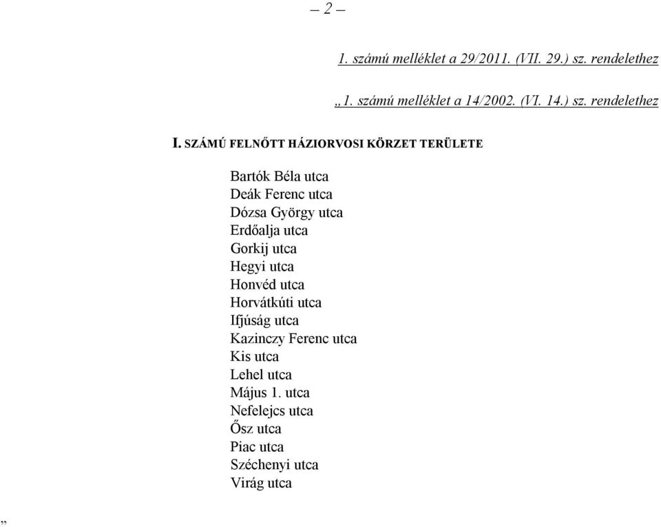 Erdőalja utca Gorkij utca Hegyi utca Honvéd utca Horvátkúti utca Ifjúság utca Kazinczy Ferenc utca