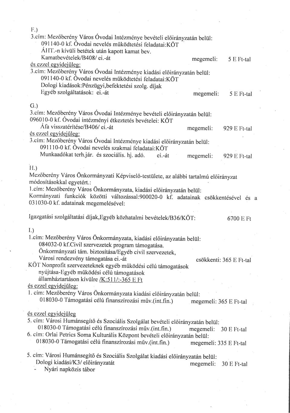 Ovodai nevelés működtetési feladatai:kot Dologi kiadások:pénzügyi,befektetési szolg. díjak Egyéb szolgáltatások: ei.-át megemeli: 5 E Ft-tal G.) 3.