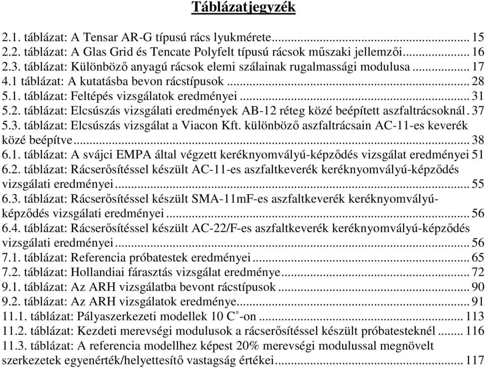 5.1. táblázat: Feltépés vizsgálatok eredményei... 31 5.2. táblázat: Elcsúszás vizsgálati eredmények AB-12 réteg közé beépített aszfaltrácsoknál. 37 5.3. táblázat: Elcsúszás vizsgálat a Viacon Kft.