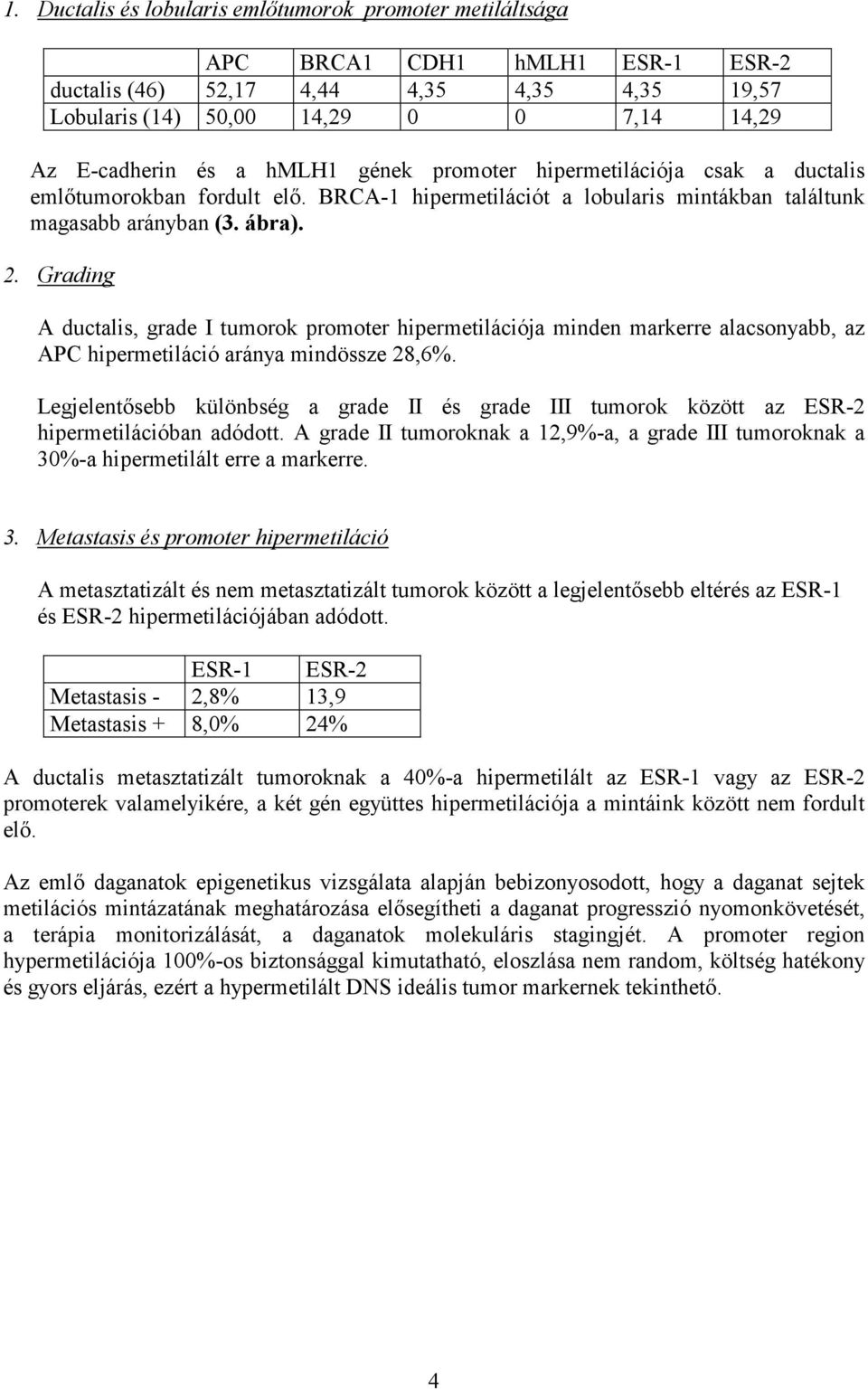 Grading A ductalis, grade I tumorok promoter hipermetilációja minden markerre alacsonyabb, az APC hipermetiláció aránya mindössze 28,6%.