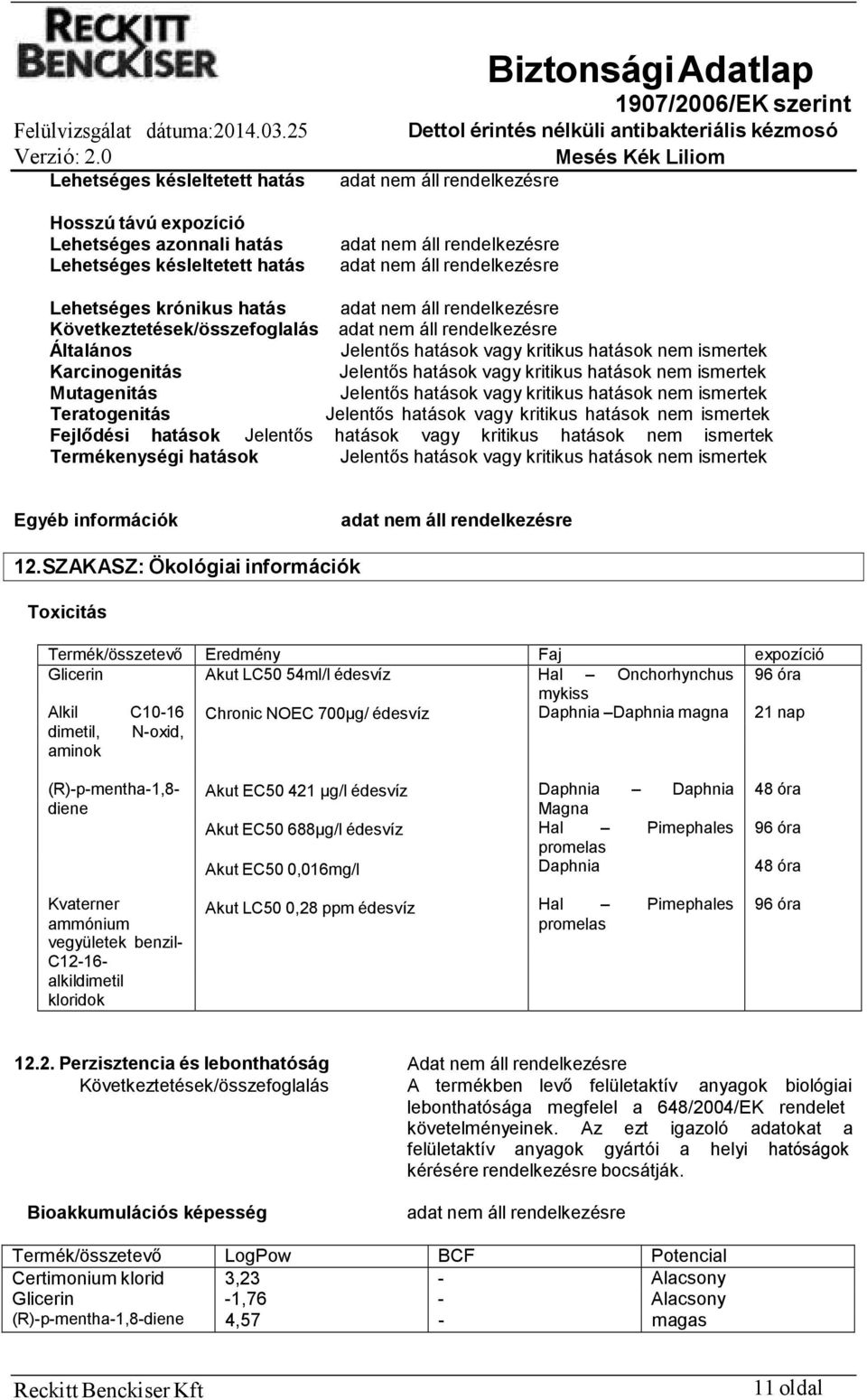 kritikus hatások nem ismertek Fejlődési hatások Jelentős hatások vagy kritikus hatások nem ismertek Termékenységi hatások Jelentős hatások vagy kritikus hatások nem ismertek Egyéb információk 12.