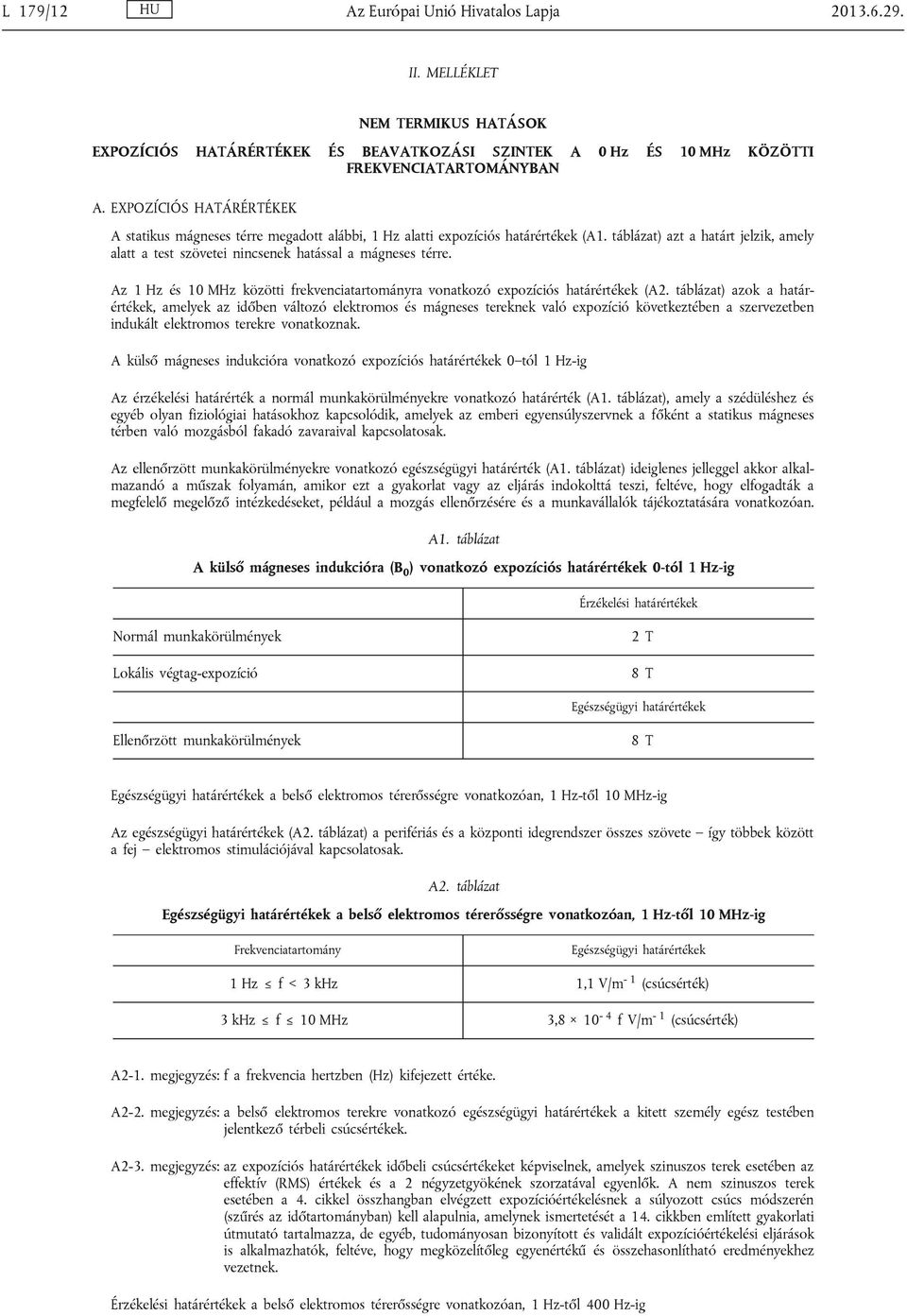 táblázat) azt a határt jelzik, amely alatt a test szövetei nincsenek hatással a mágneses térre. Az 1 Hz és 10 MHz közötti frekvenciatartományra vonatkozó expozíciós határértékek (A2.