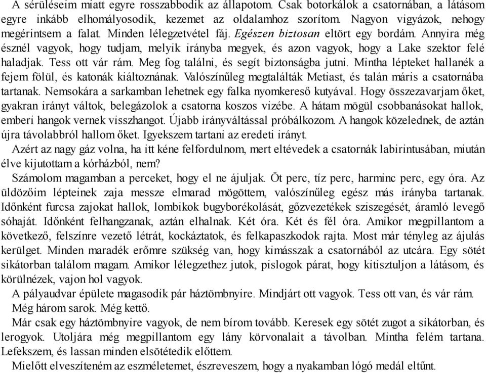 Meg fog találni, és segít biztonságba jutni. Mintha lépteket hallanék a fejem fölül, és katonák kiáltoznának. Valószínűleg megtalálták Metiast, és talán máris a csatornába tartanak.