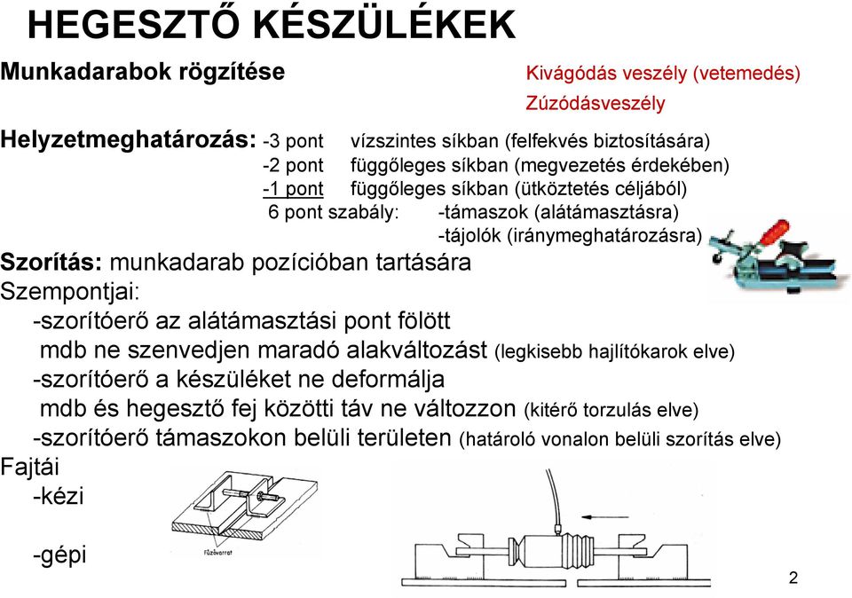 munkadarab pozícióban tartására Szempontjai: -szorítóerő az alátámasztási pont fölött mdb ne szenvedjen maradó alakváltozást (legkisebb hajlítókarok elve) -szorítóerő a