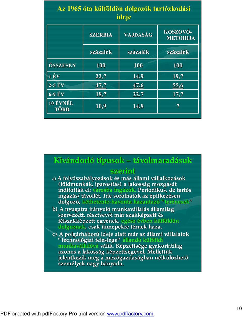 lakosság g mozgását indított tották k el: városba ingázók. Periodikus, de tartós ingázás/t s/távollét.