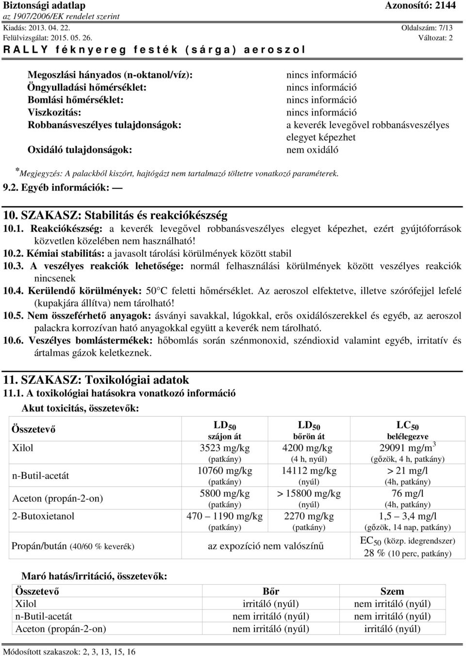 robbanásveszélyes elegyet képezhet nem oxidáló * Megjegyzés: A palackból kiszórt, hajtógázt nem tartalmazó töltetre vonatkozó paraméterek. 9.2. Egyéb információk: 10.