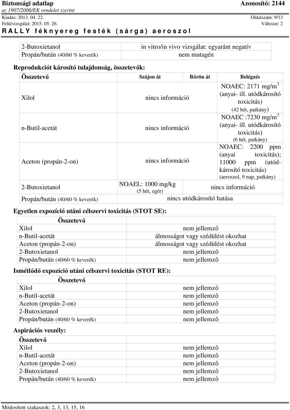 (5 hét, egér) Egyetlen expozíció utáni célszervi toxicitás (STOT SE): Összetevő Ismétlődő expozíció utáni célszervi toxicitás (STOT RE): Összetevő Aspirációs veszély: Összetevő