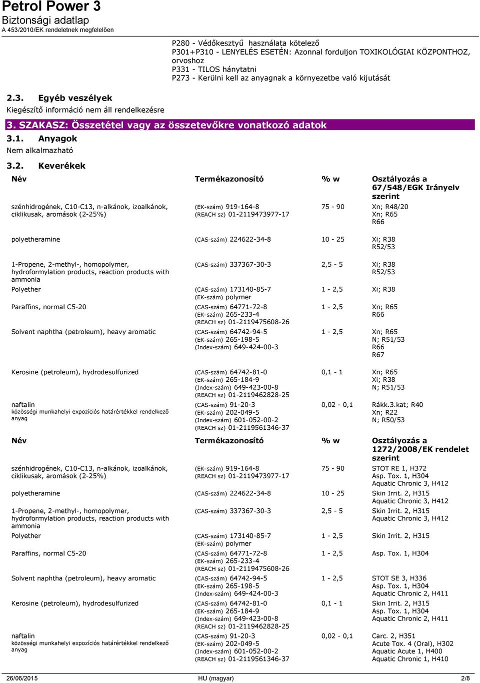 Keverékek Név Termékazonosító % w Osztályozás a 67/548/EGK Irányelv szerint szénhidrogének, C10-C13, n-alkánok, izoalkánok, ciklikusak, aromások (2-25%) (EK-szám) 919-164-8 (REACH sz)