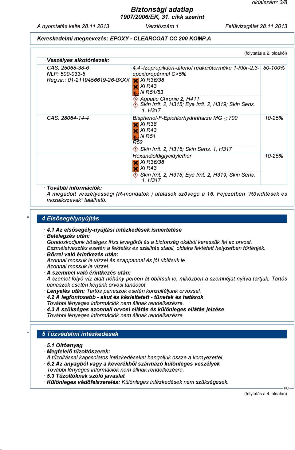 1, H317 (folytatás a 2. oldalról) 50-100% CAS: 28064-14-4 Bisphenol-F-Epichlorhydrinharze MG 700 10-25% Xi R38 Xi R43 N R51 R52 Skin Irrit. 2, H315; Skin Sens.