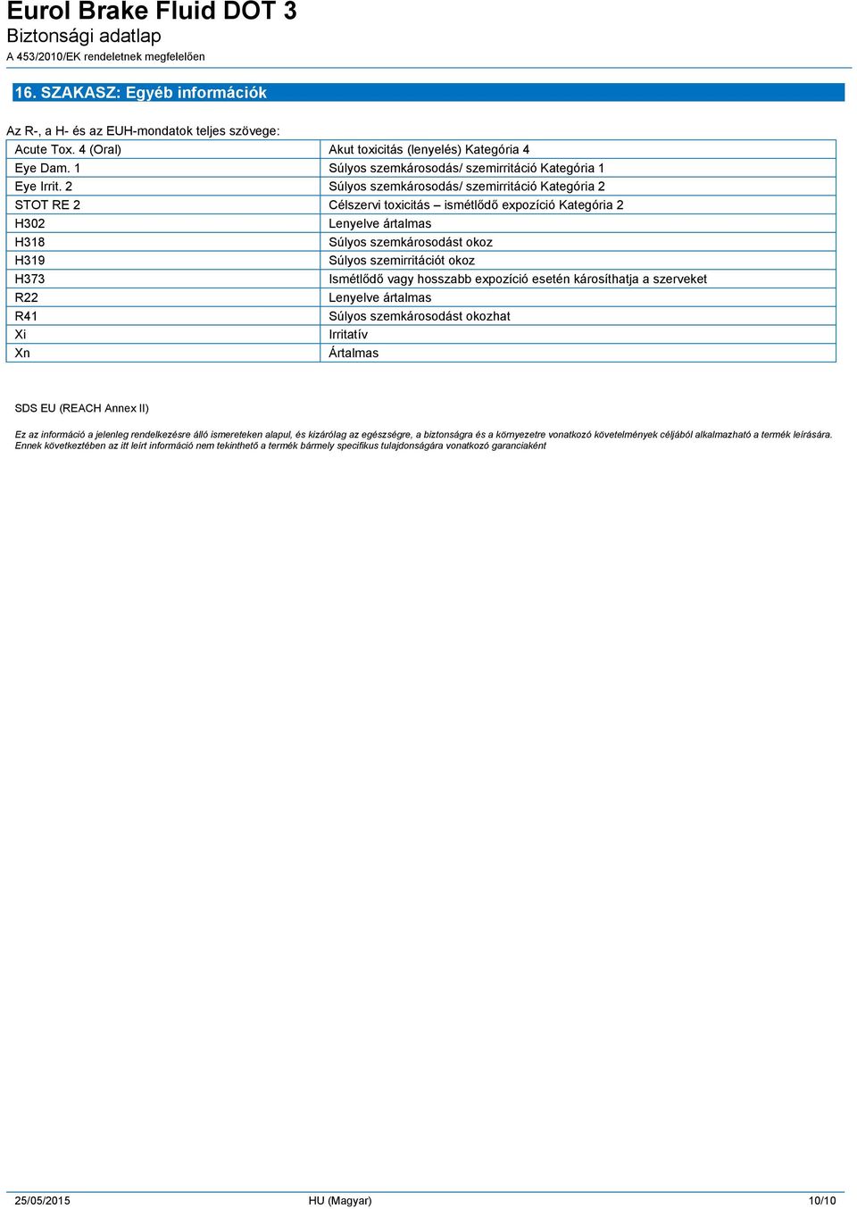 2 Súlyos szemkárosodás/ szemirritáció Kategória 2 STOT RE 2 Célszervi toxicitás ismétlődő expozíció Kategória 2 H302 Lenyelve ártalmas H318 Súlyos szemkárosodást okoz H319 Súlyos szemirritációt okoz