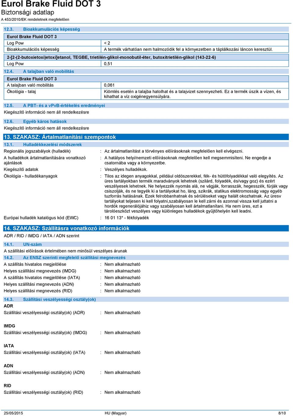 -22-6) Log Pow 0,51 12.4. A talajban való mobilitás A talajban való mobilitás 0,061 Ökológia - talaj Kiömlés esetén a talajba hatolhat és a talajvizet szennyezheti.