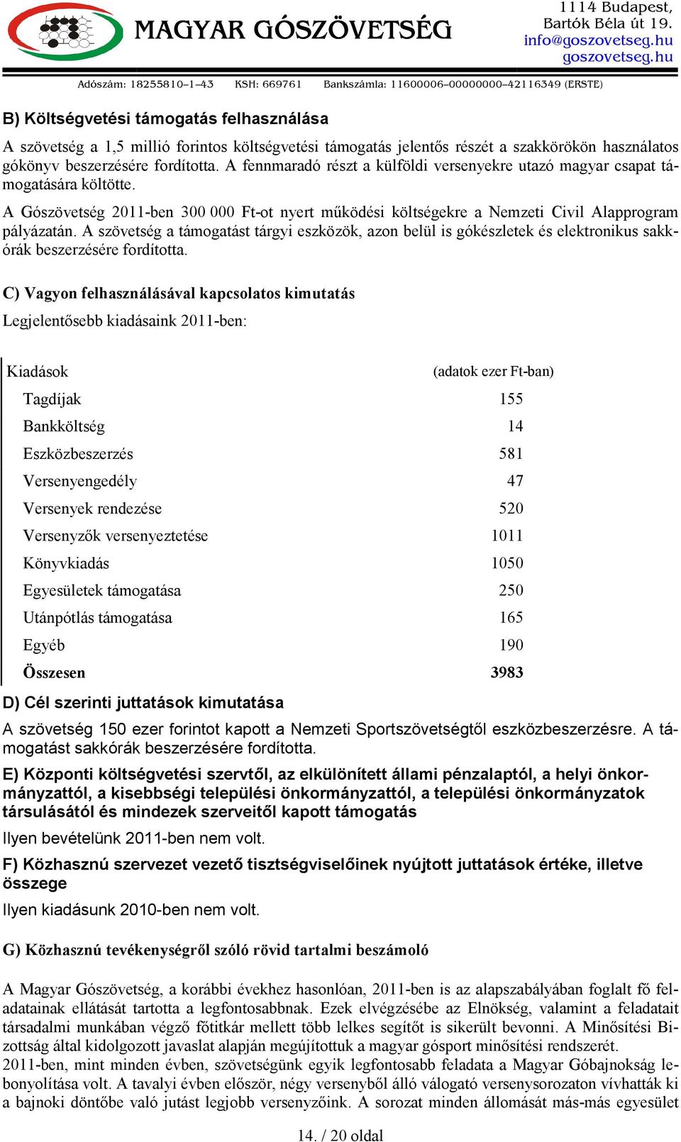 a szakkörökön használatos gókönyv beszerzésére fordította. A fennmaradó részt a külföldi versenyekre utazó magyar csapat támogatására költötte.