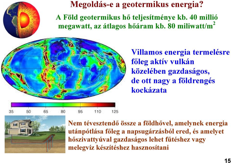 80 miliwatt/m 2 Villamos energia termelésre főleg aktív vulkán közelében gazdaságos, de ott nagy a