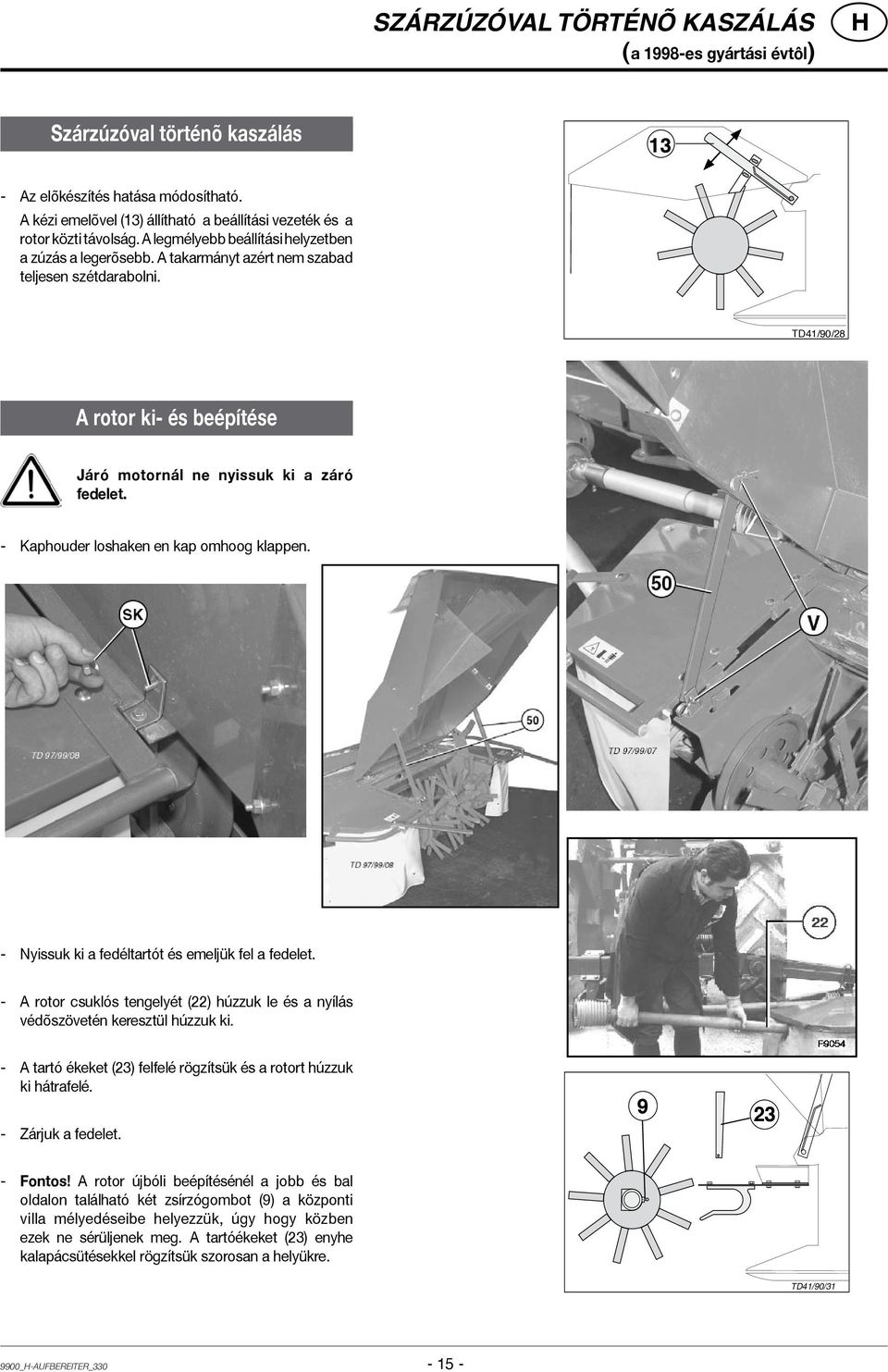 TD41/90/28 A rotor ki- és beépítése Járó motornál ne nyissuk ki a záró fedelet. - Kaphouder loshaken en kap omhoog klappen. - Nyissuk ki a fedéltartót és emeljük fel a fedelet.