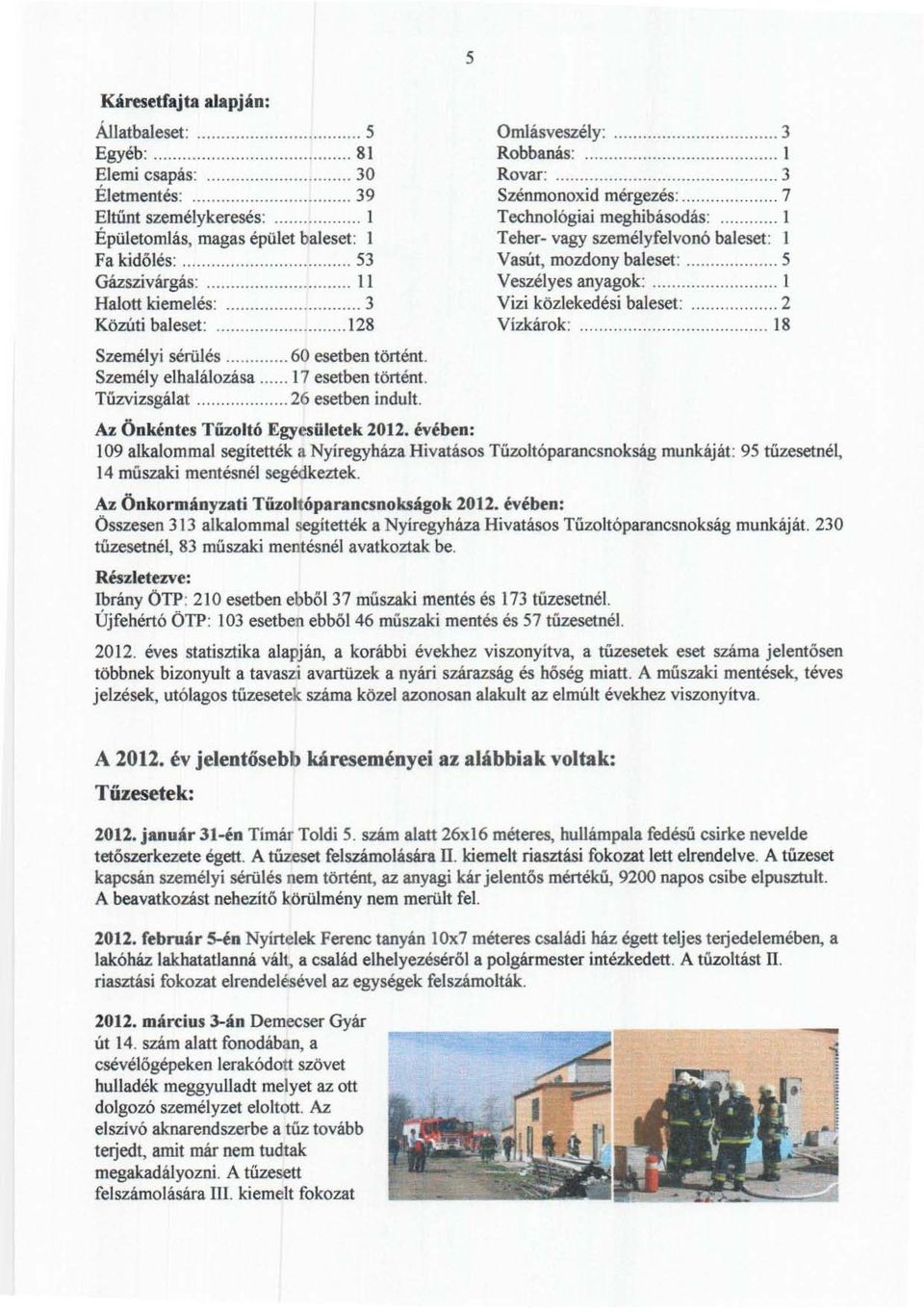 ......... I Halott kiemelés:... 3 Vizi közlekedési baleset:... 2 Közúti baleset:... 128 Vízkárok:........... 18 Személyi sérülés... 60 esetben történt. Személyelhalálozása... 17 esetben történt.