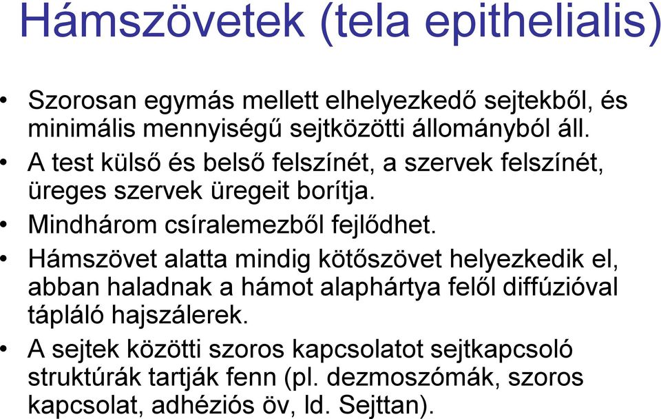 Hámszövet alatta mindig kötőszövet helyezkedik el, abban haladnak a hámot alaphártya felől diffúzióval tápláló hajszálerek.